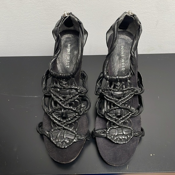 Nine West sandal stiletto black braided leather zipper  platform US7.5 - Picture 7 of 12